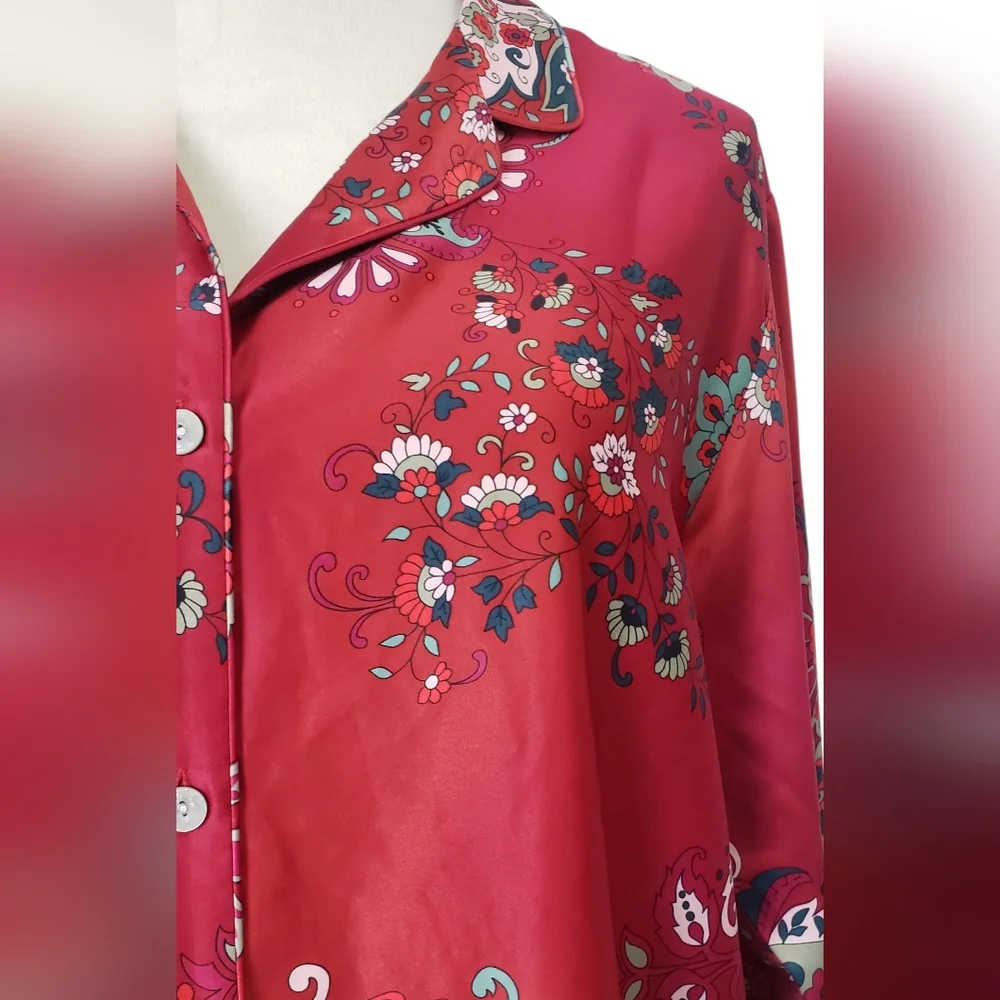 NWT Natori Satin Paisley Floral Button Front Pajama Top Artsy Asian